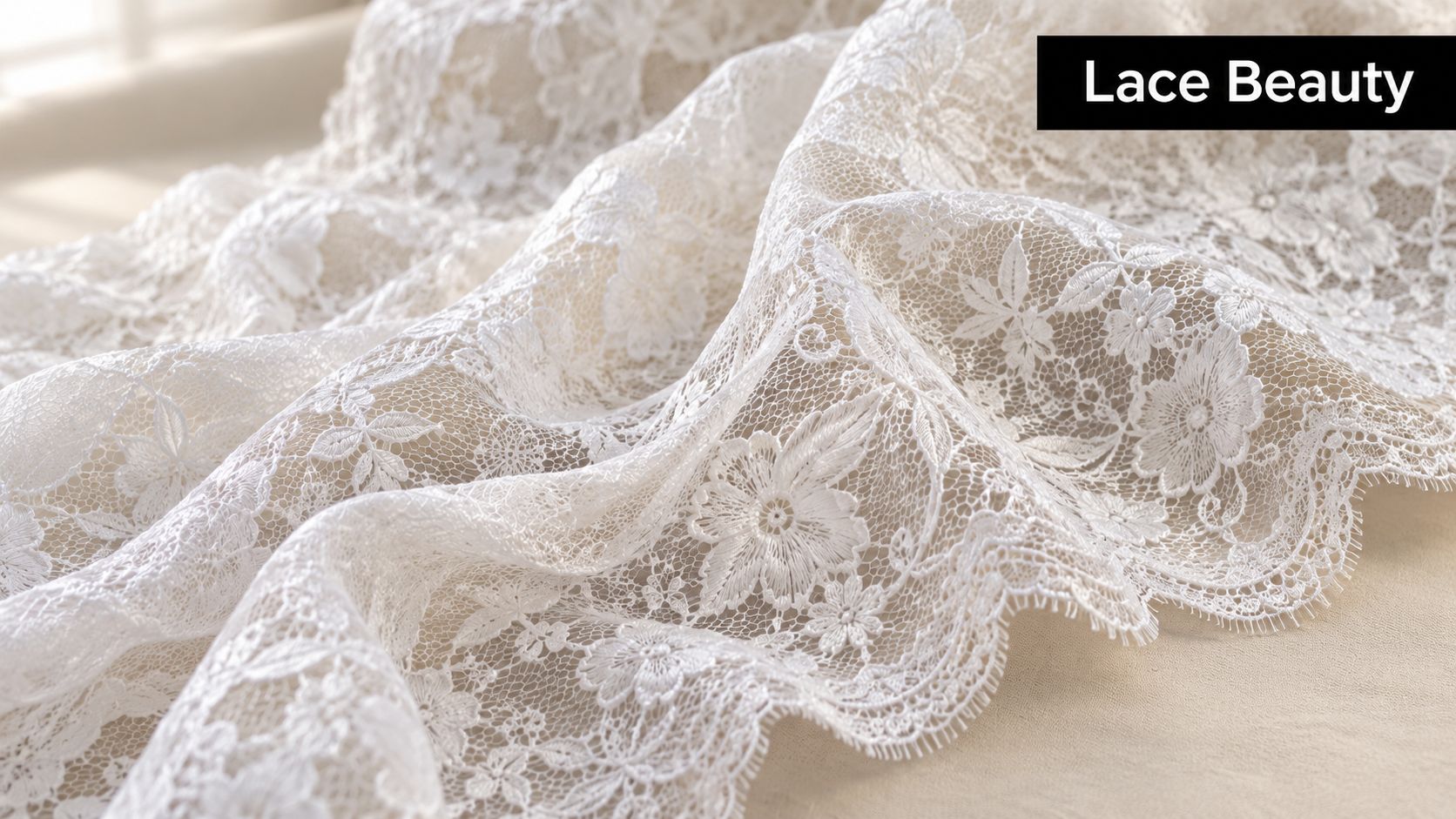 Close-up of intricate white floral lace fabric draped elegantly on a soft beige background.