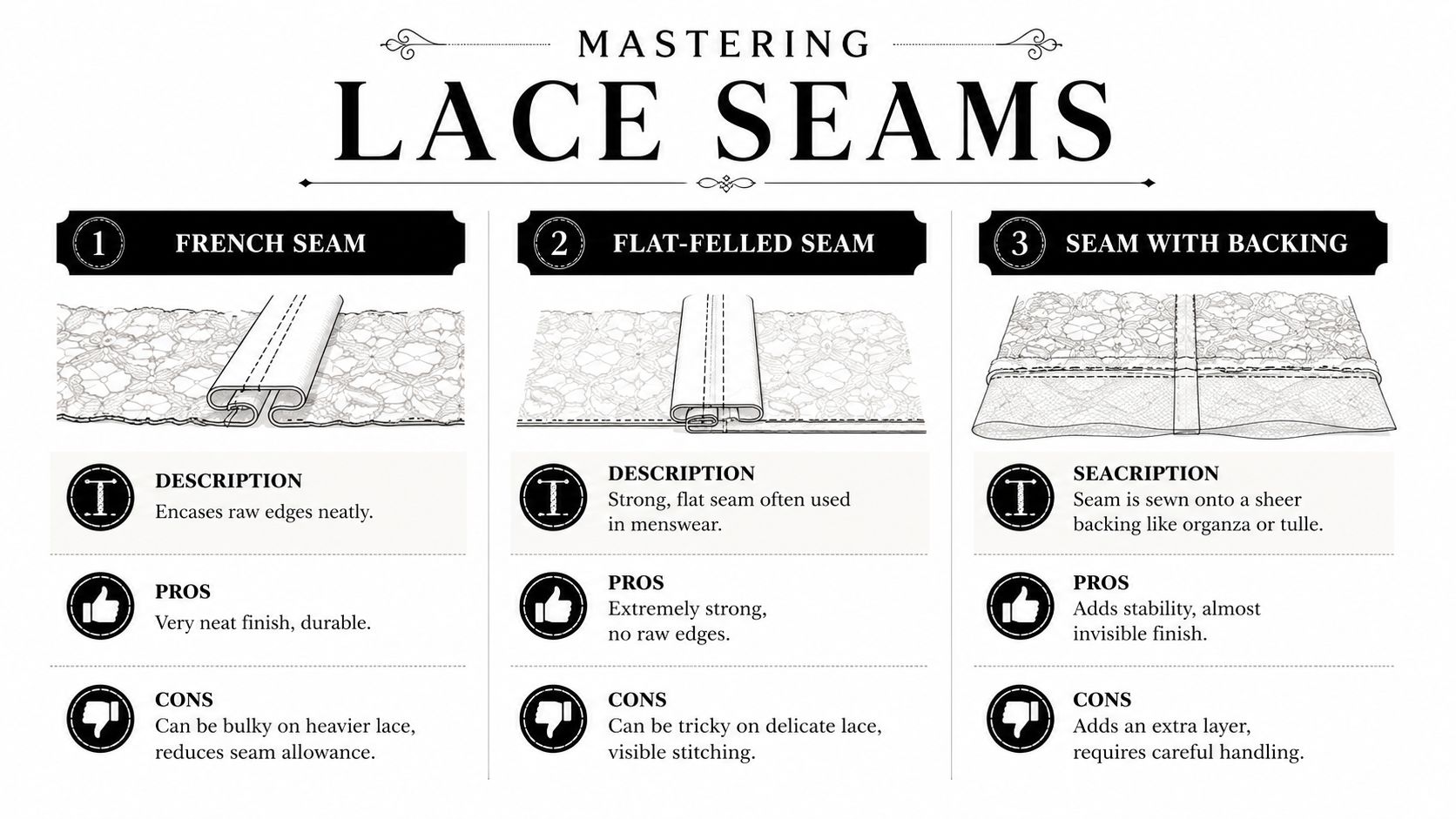 A graphic guide illustrating three professional methods for sewing lace seams: French, flat-felled, and with backing.