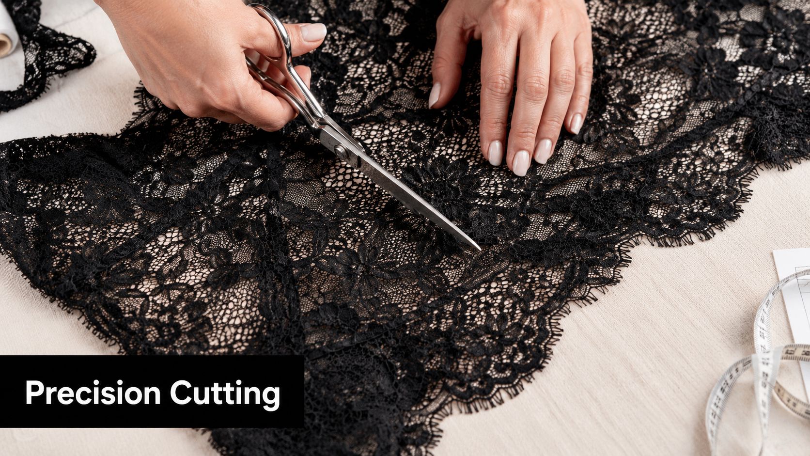 A pair of hands using sharp scissors to precisely cut intricate black lace fabric on a table.