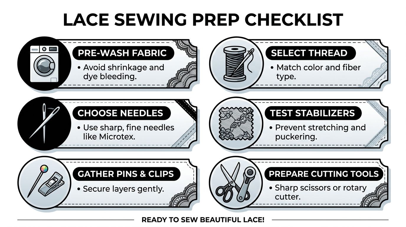 A checklist infographic titled Lace Sewing Prep Checklist featuring icons for washing fabric, thread, needles, stabilizers, pins, and scissors.