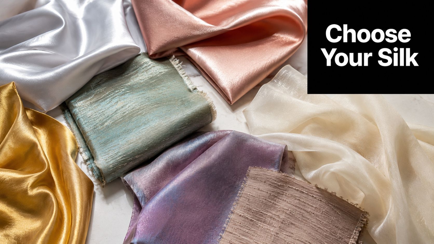 A collection of various colored silk fabric swatches displayed on a marble surface.