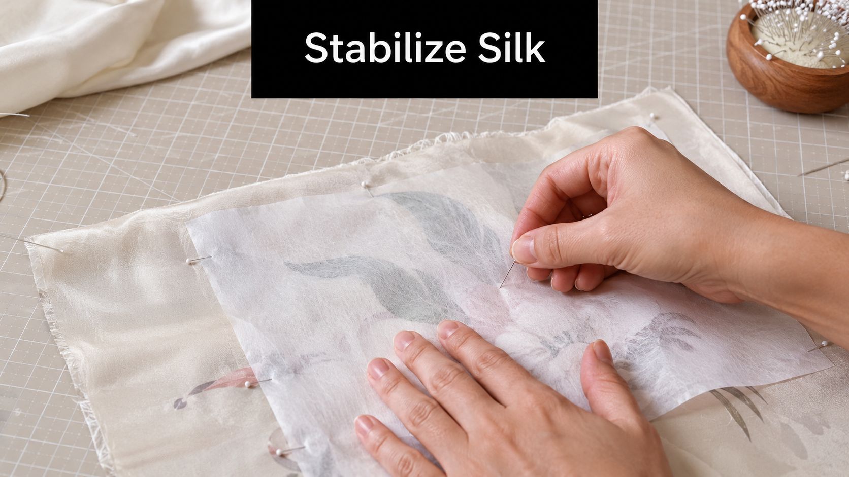 A pair of hands carefully pinning a stabilizer sheet onto delicate silk fabric on a sewing mat.