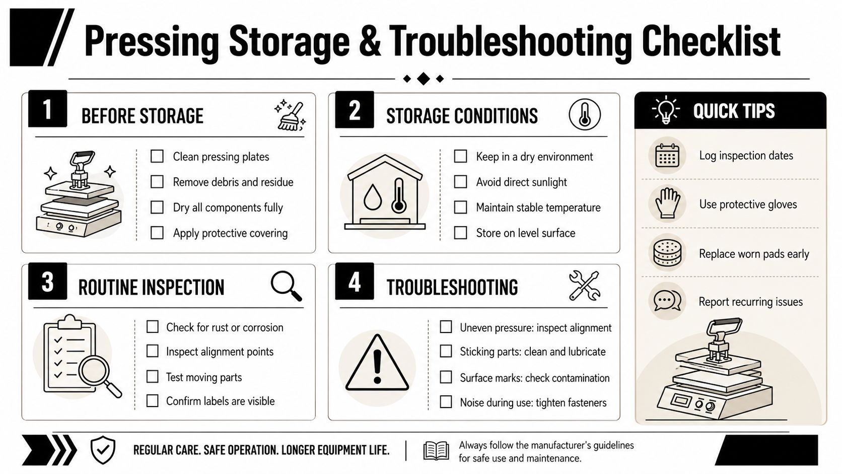 A comprehensive checklist illustration for the proper storage, inspection, and troubleshooting of a heat press machine.