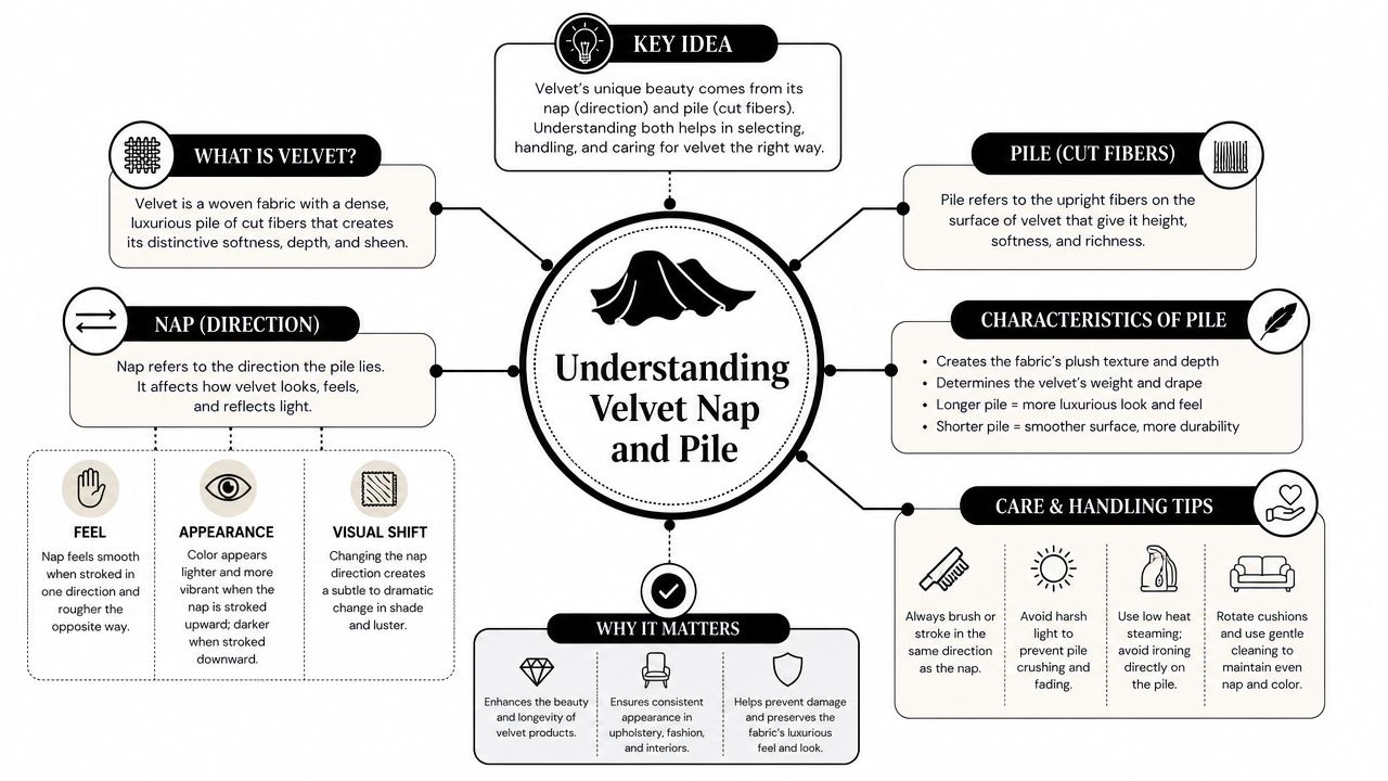 An infographic titled Understanding Velvet Nap and Pile, detailing its characteristics, care instructions, and why they matter.