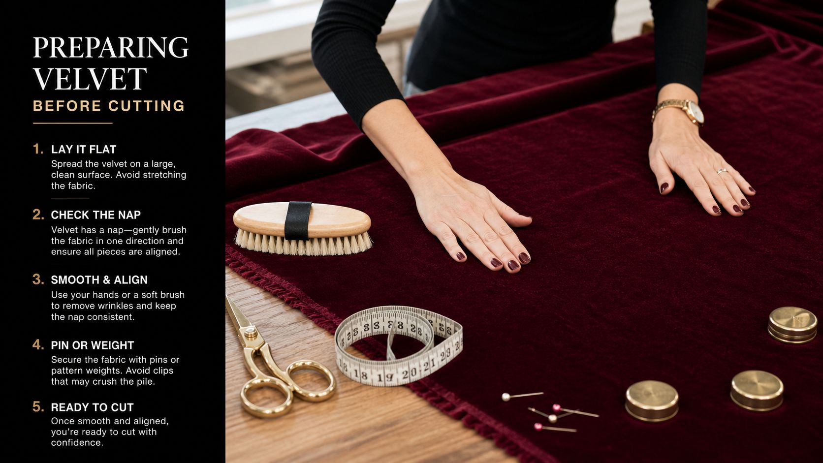 A pair of hands smoothing out deep red velvet fabric on a wooden table for sewing preparation.