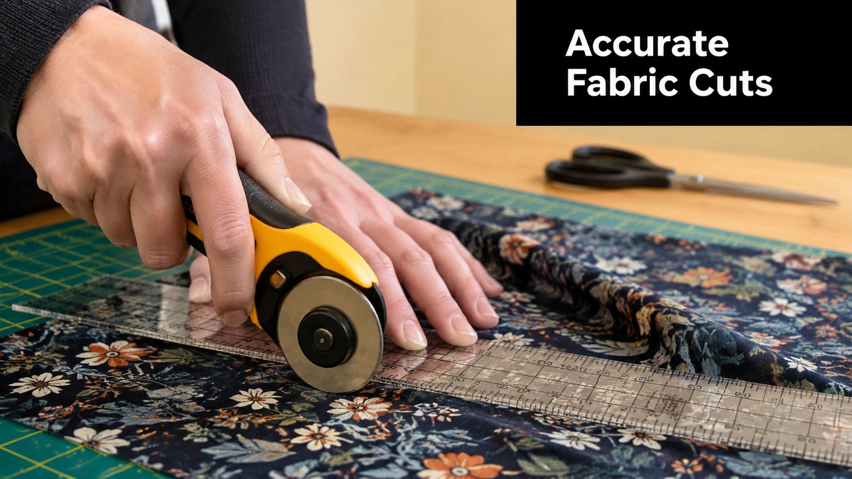 A person uses a rotary cutter and a clear ruler to make a precise cut on floral fabric.