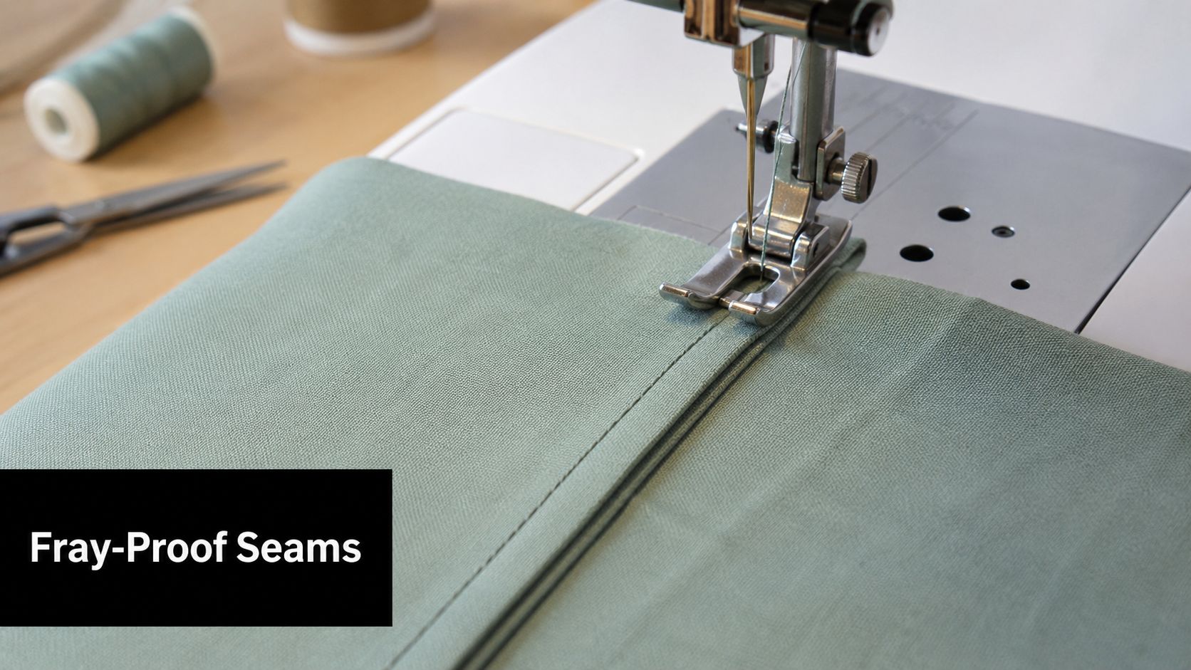A close-up view of a sewing machine stitching a French seam on green fabric, highlighting neat construction.