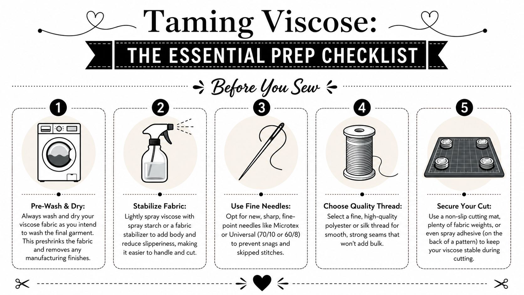 A five-step infographic guide on how to prepare and sew with slippery viscose fabric successfully.