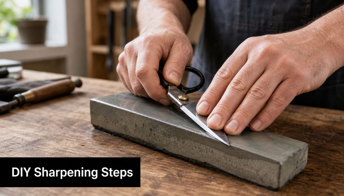 A craftsman sharpening the blade of a pair of sewing scissors on a gray whetstone.