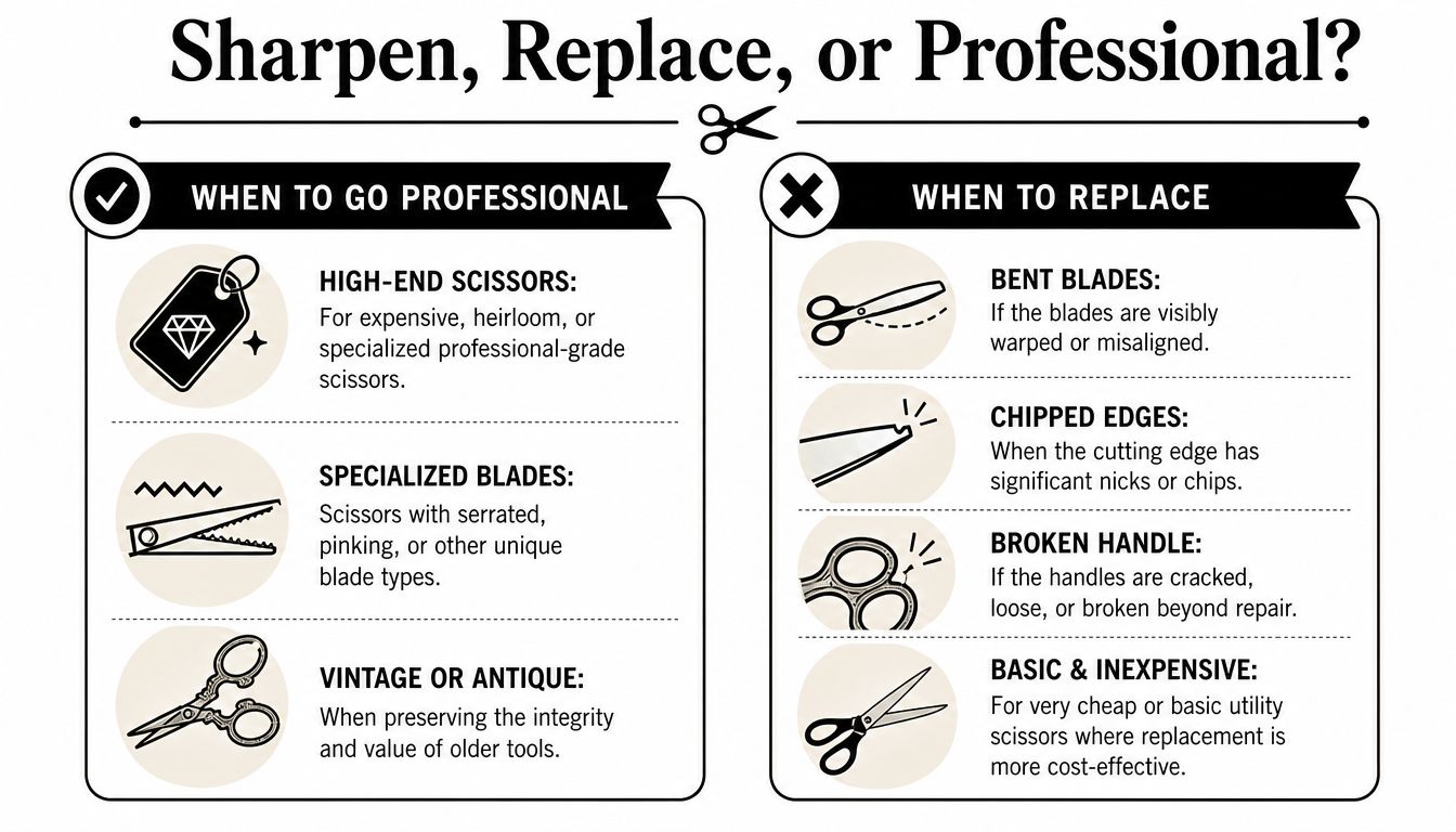 A helpful infographic guide explaining when to have scissors professionally sharpened or when to replace them.