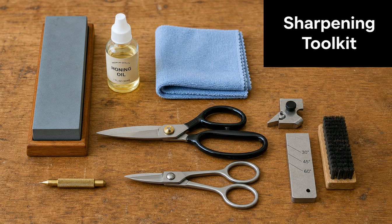A professional sharpening toolkit laid out on a wooden table, featuring scissors, whetstone, oil, and guides.