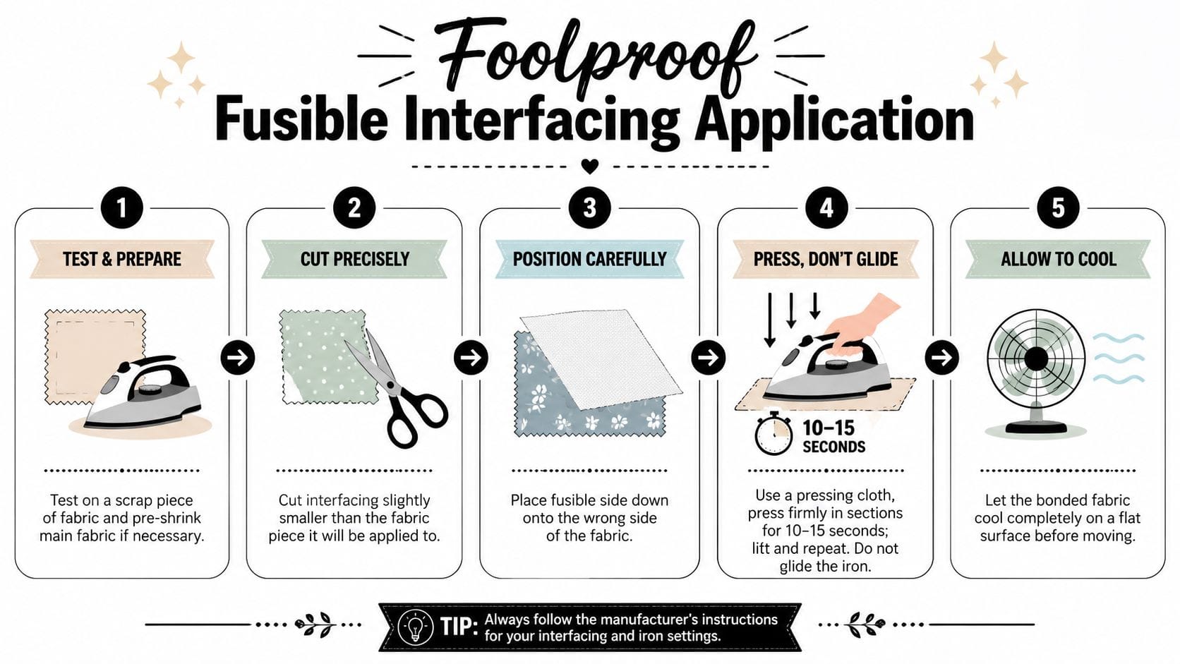A five-step infographic showing instructions for applying fusible interfacing to fabric using an iron and cooling process.