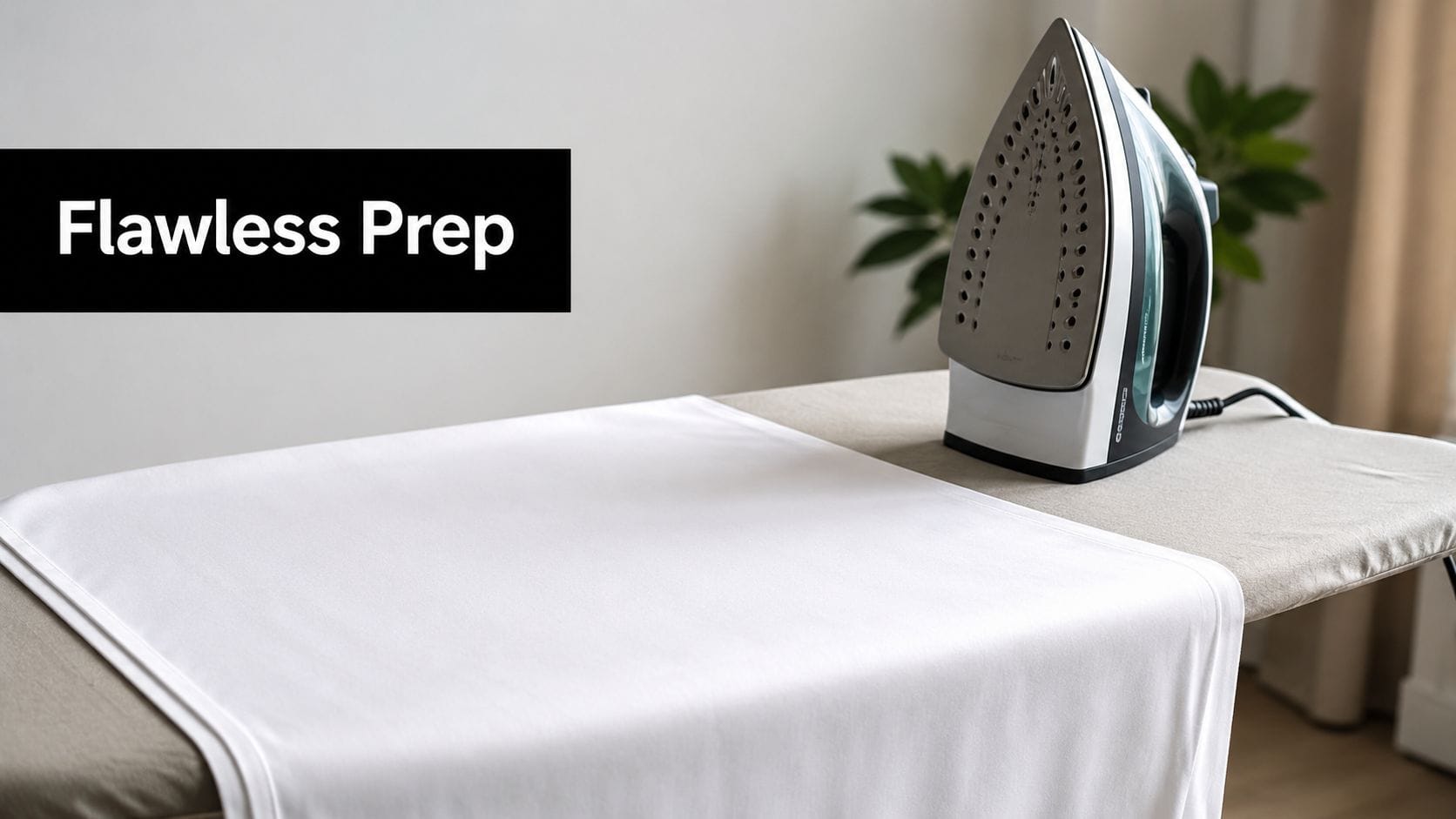 A clothes iron rests on an ironing board next to a clean white fabric piece.