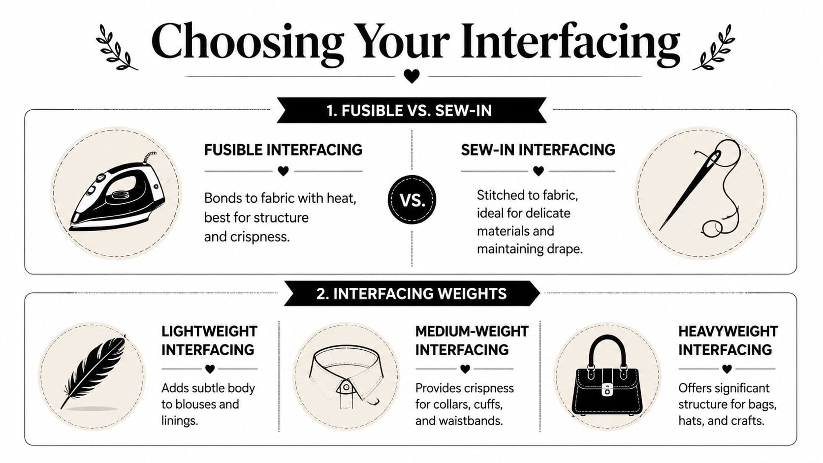 An educational infographic explaining the different types, application methods, and weights of fabric interfacing for sewing projects.
