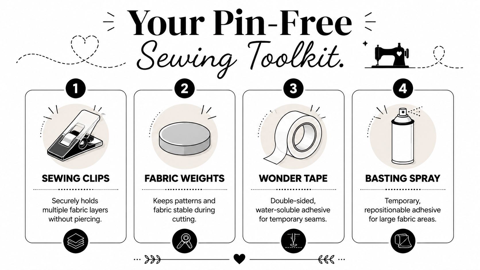 A graphic illustration showing four essential tools for pin-free sewing including clips, weights, tape, and spray.