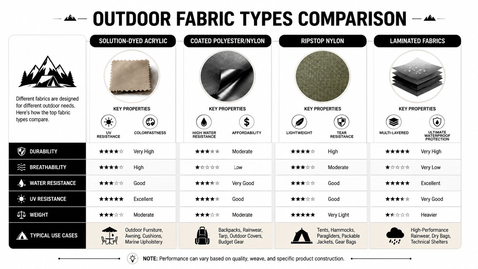 A comparison chart detailing the properties and typical use cases for four common outdoor fabric types.