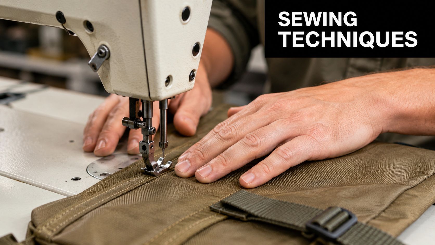 A close-up view of a person using a sewing machine to work on durable outdoor fabric.