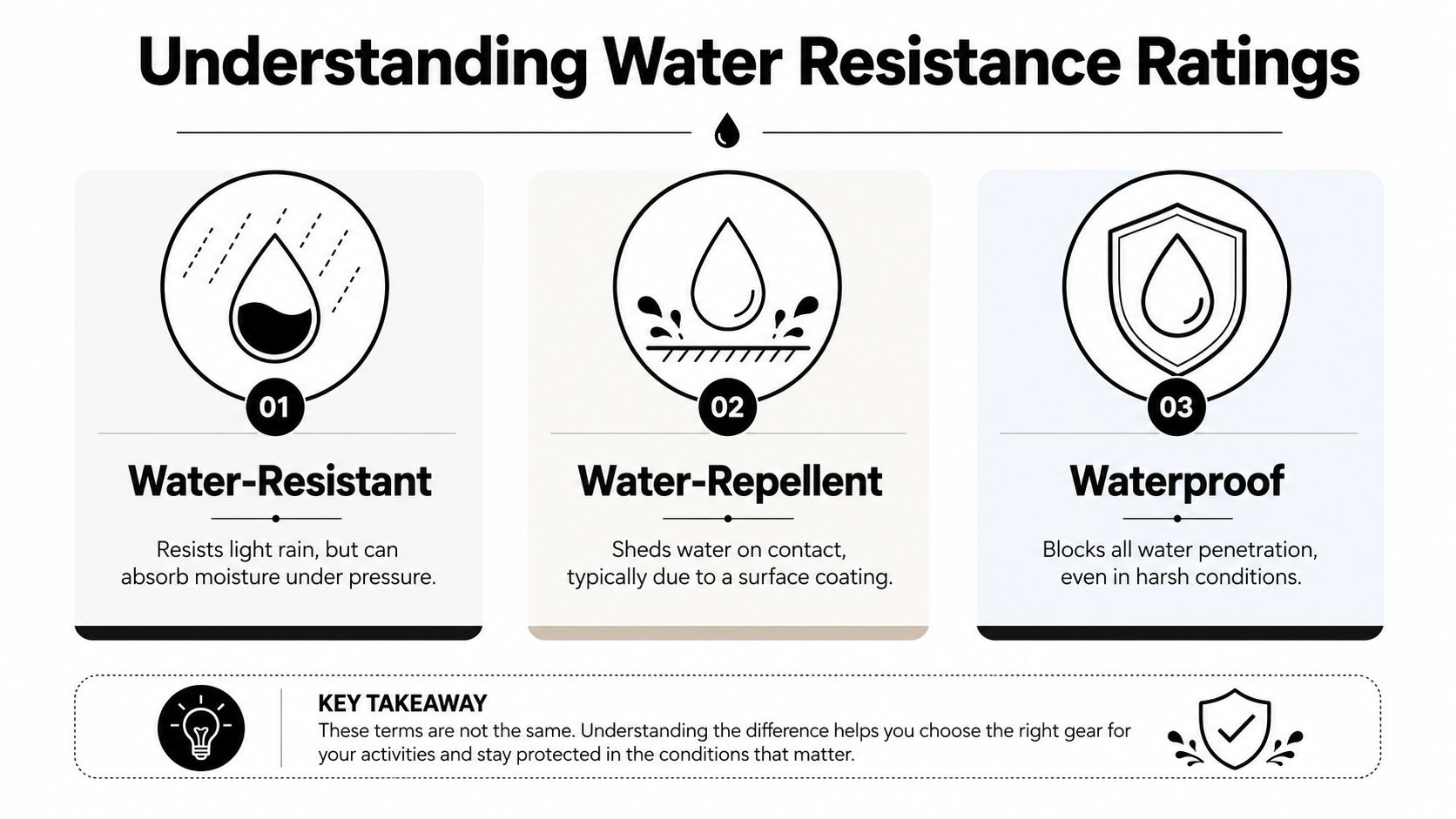 An infographic explaining the three main categories of water resistance: water-resistant, water-repellent, and waterproof, with definitions.
