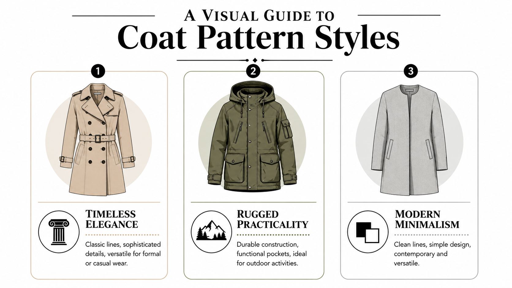 A visual infographic guide comparing three different coat pattern styles including trench coat, parka, and minimalist coat.