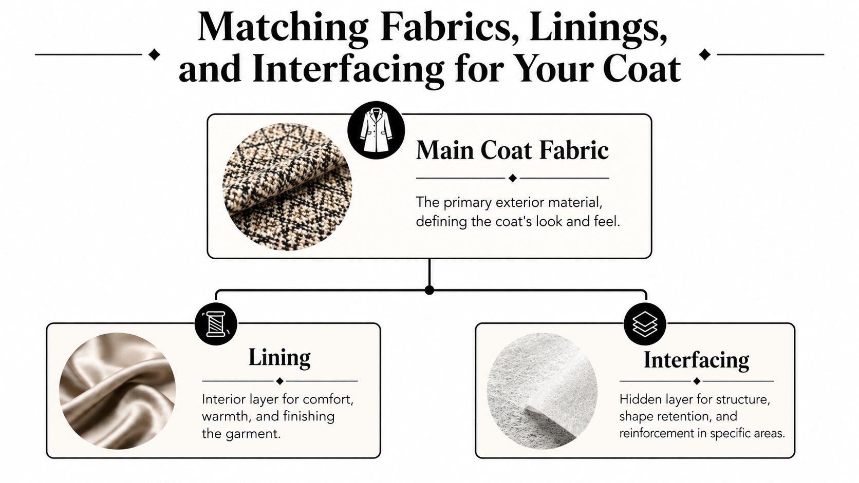 An educational diagram explaining the three key materials used in making a custom coat: fabric, lining, and interfacing.