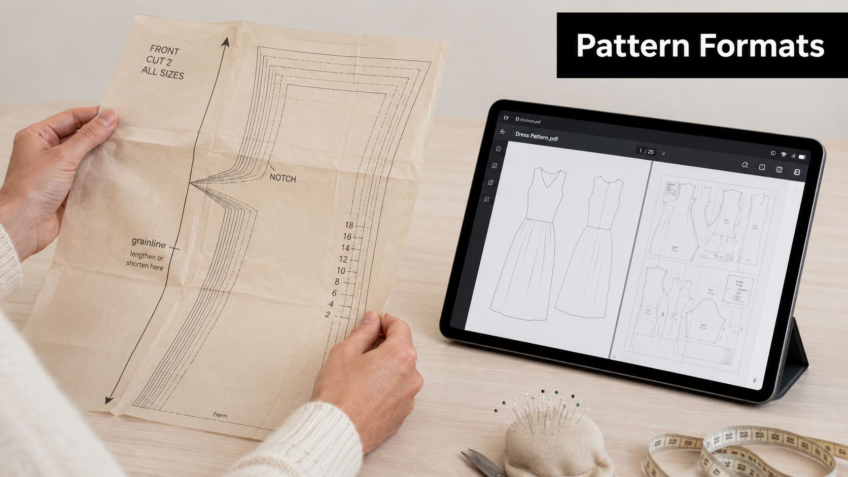 A person holding a sewing pattern template while viewing digital sewing designs on a tablet device.