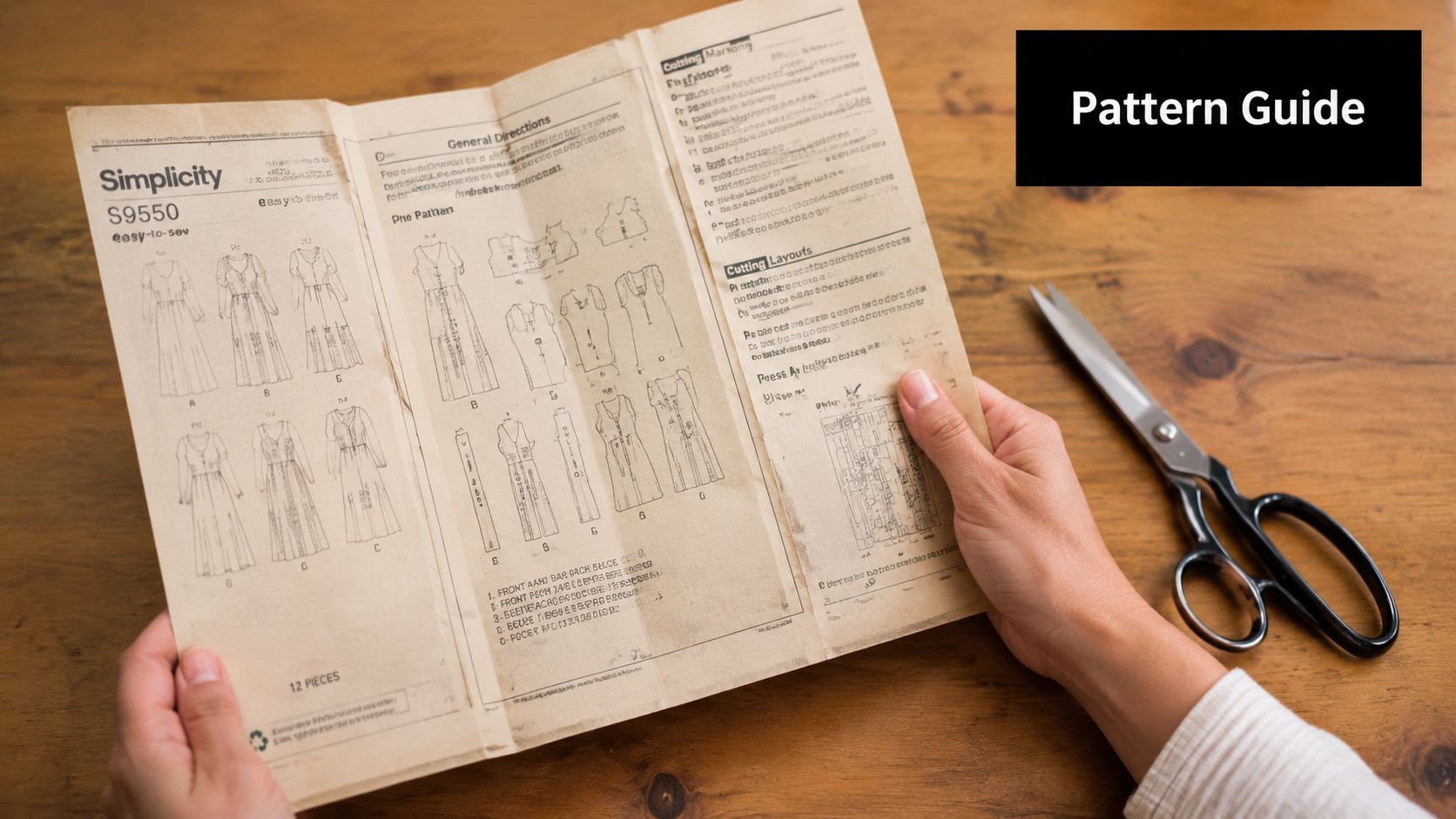 A person holding a sewing pattern instruction sheet for dresses next to a pair of scissors.