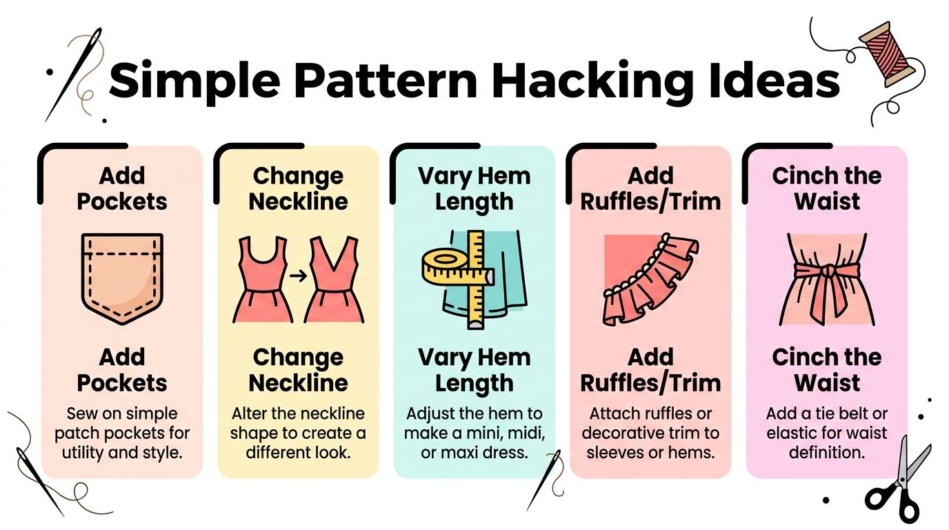 A visual guide titled Simple Pattern Hacking Ideas showing five ways to alter clothing sewing patterns.