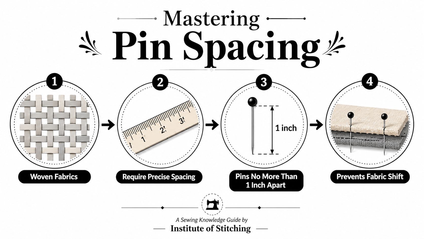 A four-step infographic explaining how to properly space pins when sewing woven fabrics to prevent shifting.