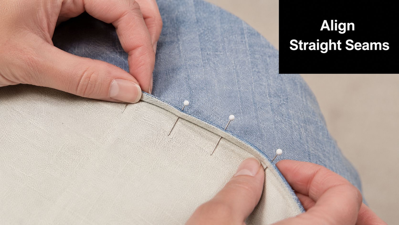 Close-up of hands pinning light fabric to denim material to prepare for sewing straight seams.
