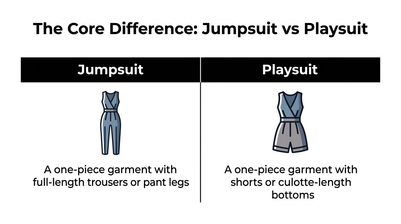 A comparison chart explaining the difference between a jumpsuit with long pants and a playsuit with shorts.