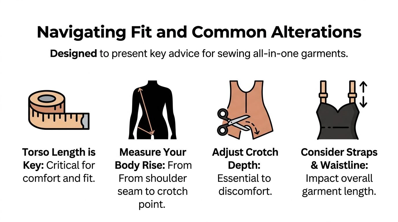 An instructional graphic on sewing techniques for adjusting the fit of all-in-one garments like jumpsuits.