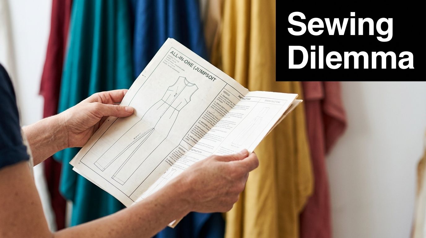 A person holding a sewing pattern for a jumpsuit in front of various colored fabric rolls.