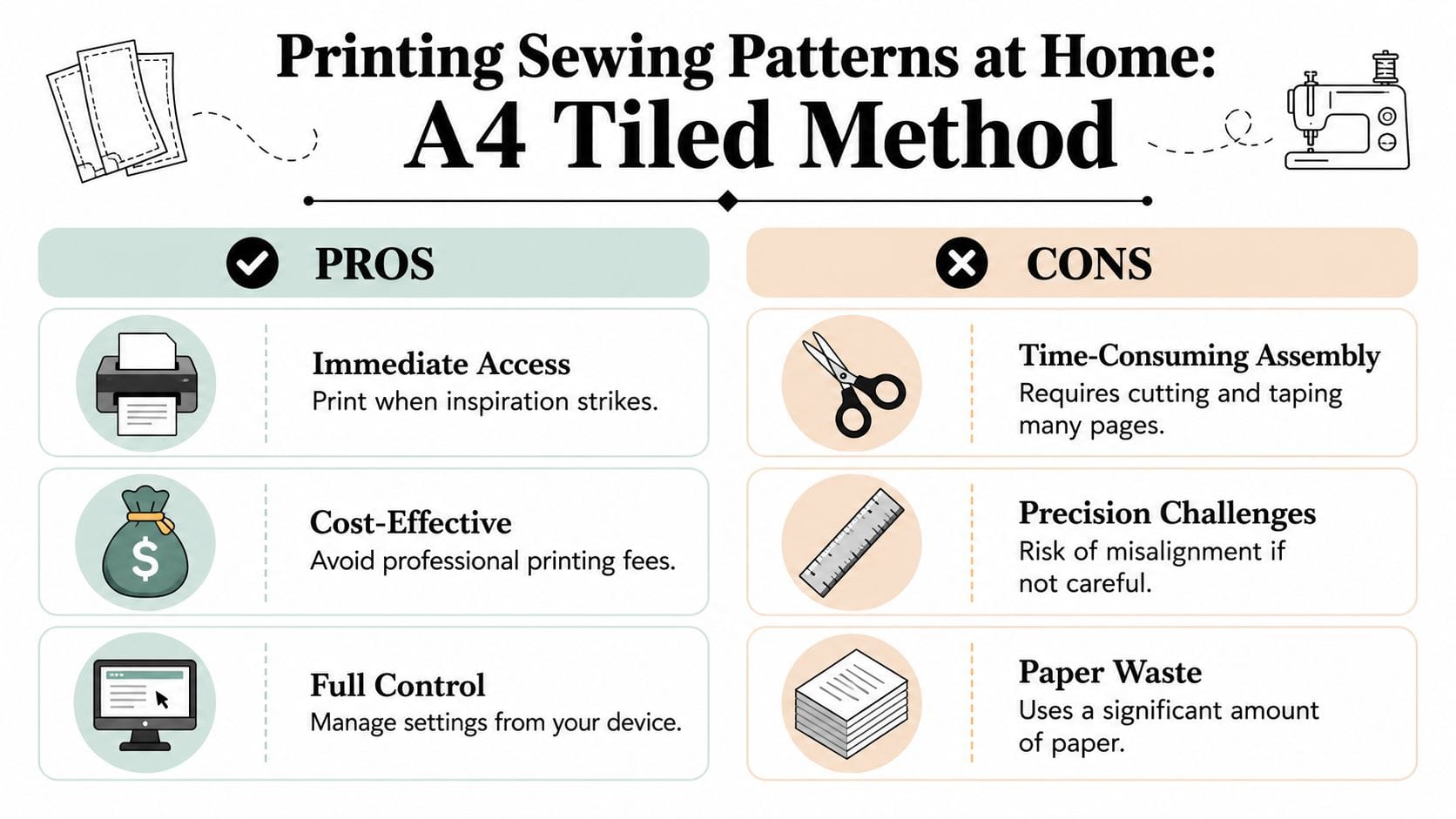 A comparison chart showing the pros and cons of printing sewing patterns at home using A4 paper.
