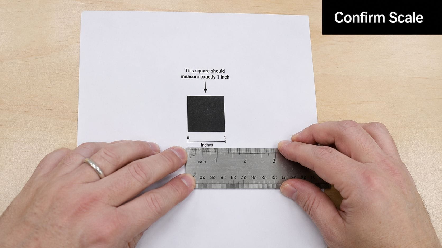 A person checking the accuracy of a printed square by measuring it with a metal ruler.