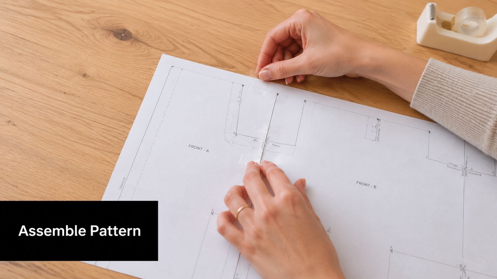 A person carefully taping together paper sections of a sewing pattern on a wooden table surface.