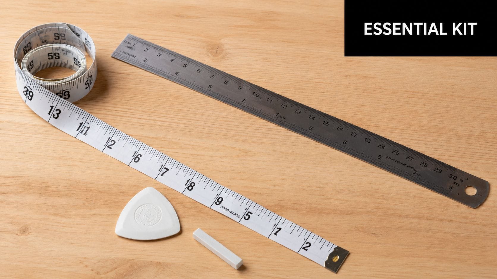A flatlay of a sewing kit featuring a tape measure, a steel ruler, and tailors chalk.