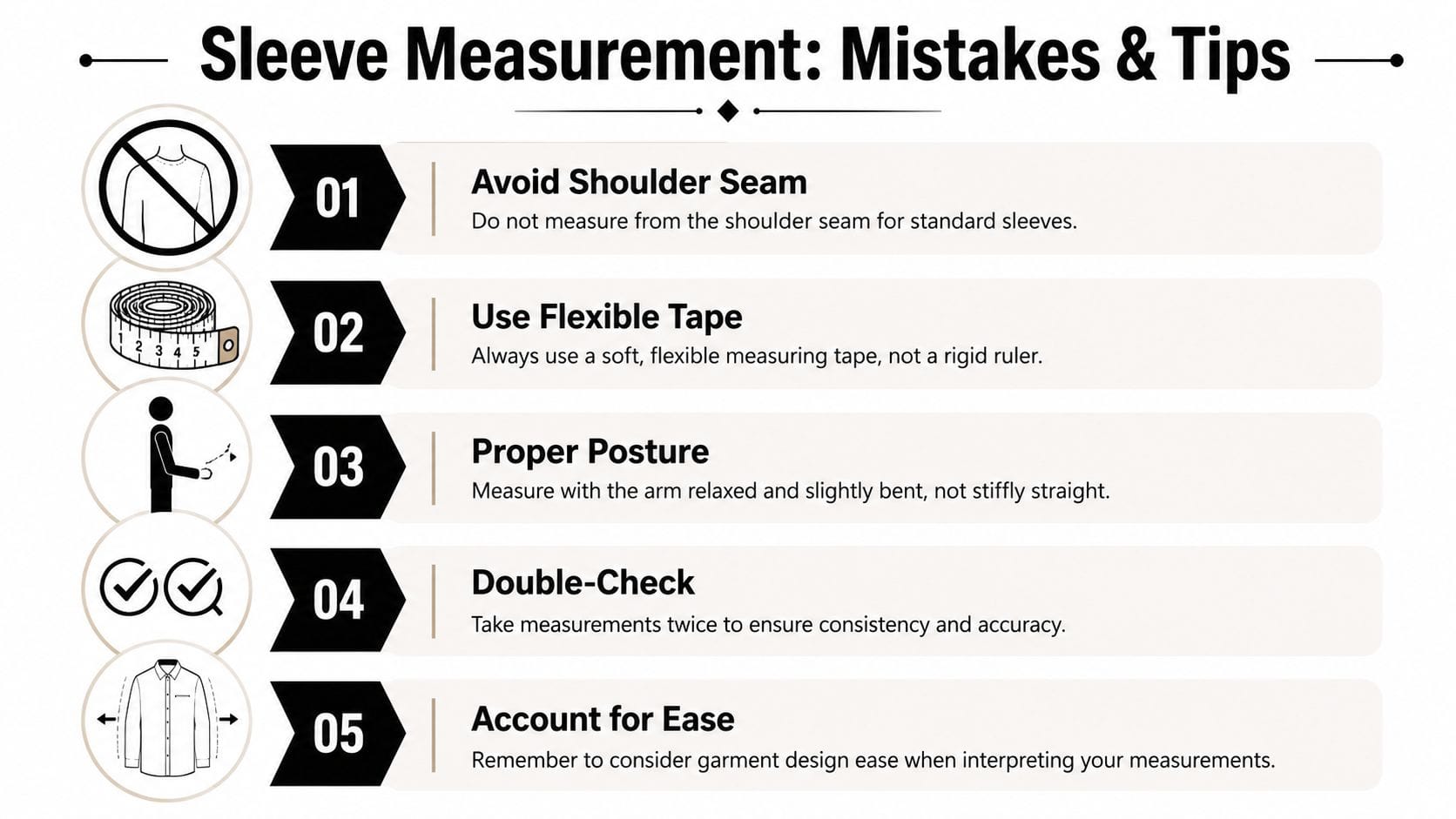 An infographic titled Sleeve Measurement Mistakes and Tips showing five key rules for accurate garment sizing.