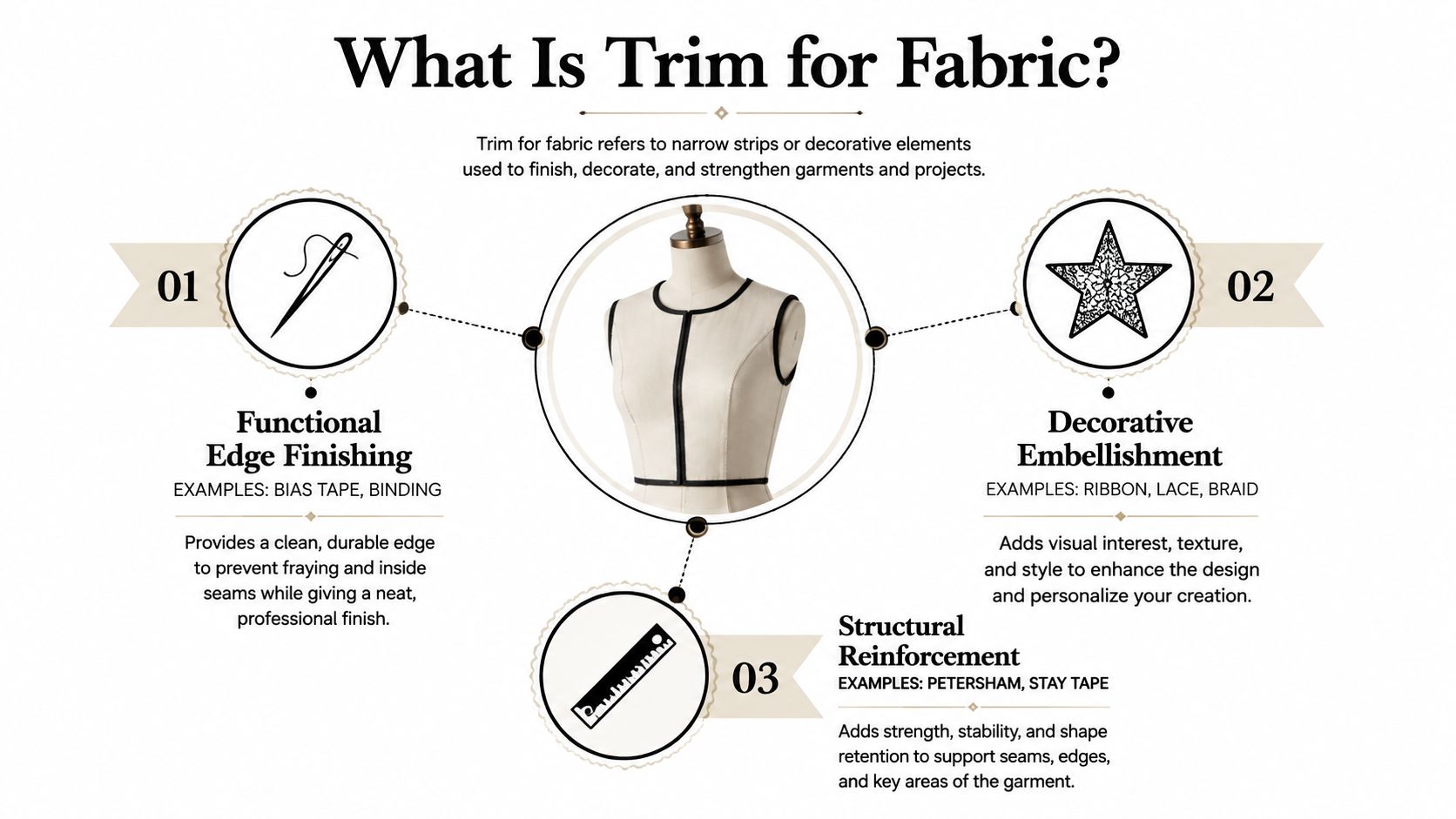 An infographic explaining the three main purposes of fabric trim: functional finishing, decorative embellishment, and structural reinforcement.