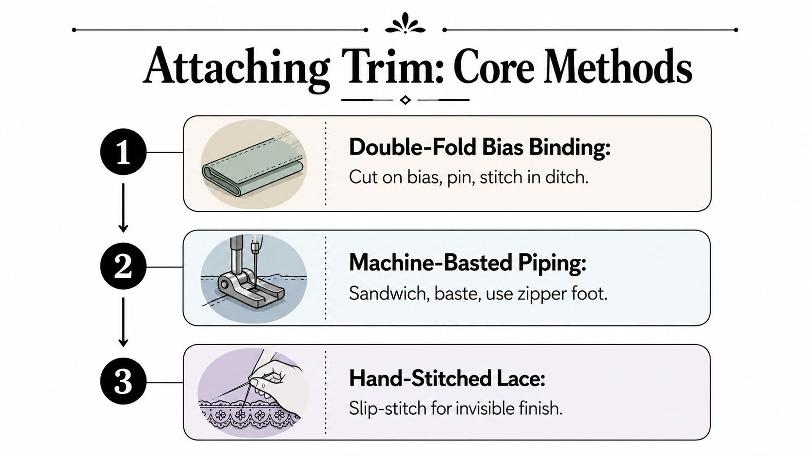 A guide illustrating three core sewing methods for attaching trim to fabric using illustrations and text.