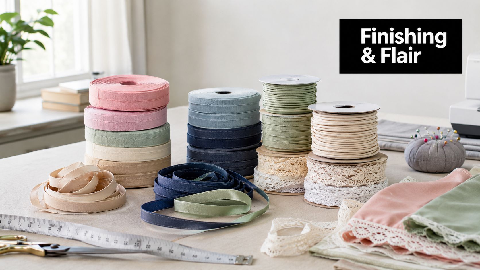 A collection of colorful fabric ribbon spools, lace, measuring tape, and sewing notions on a workshop table.