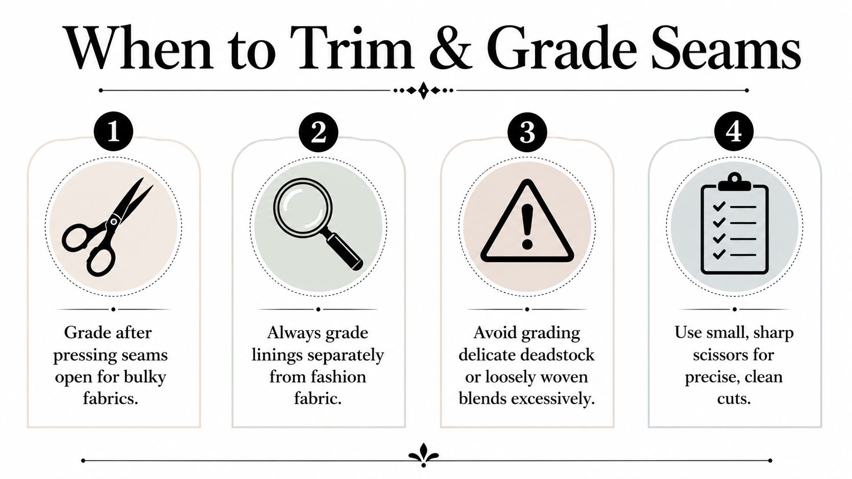 An infographic titled When to Trim and Grade Seams offering four expert sewing tips and instructions.