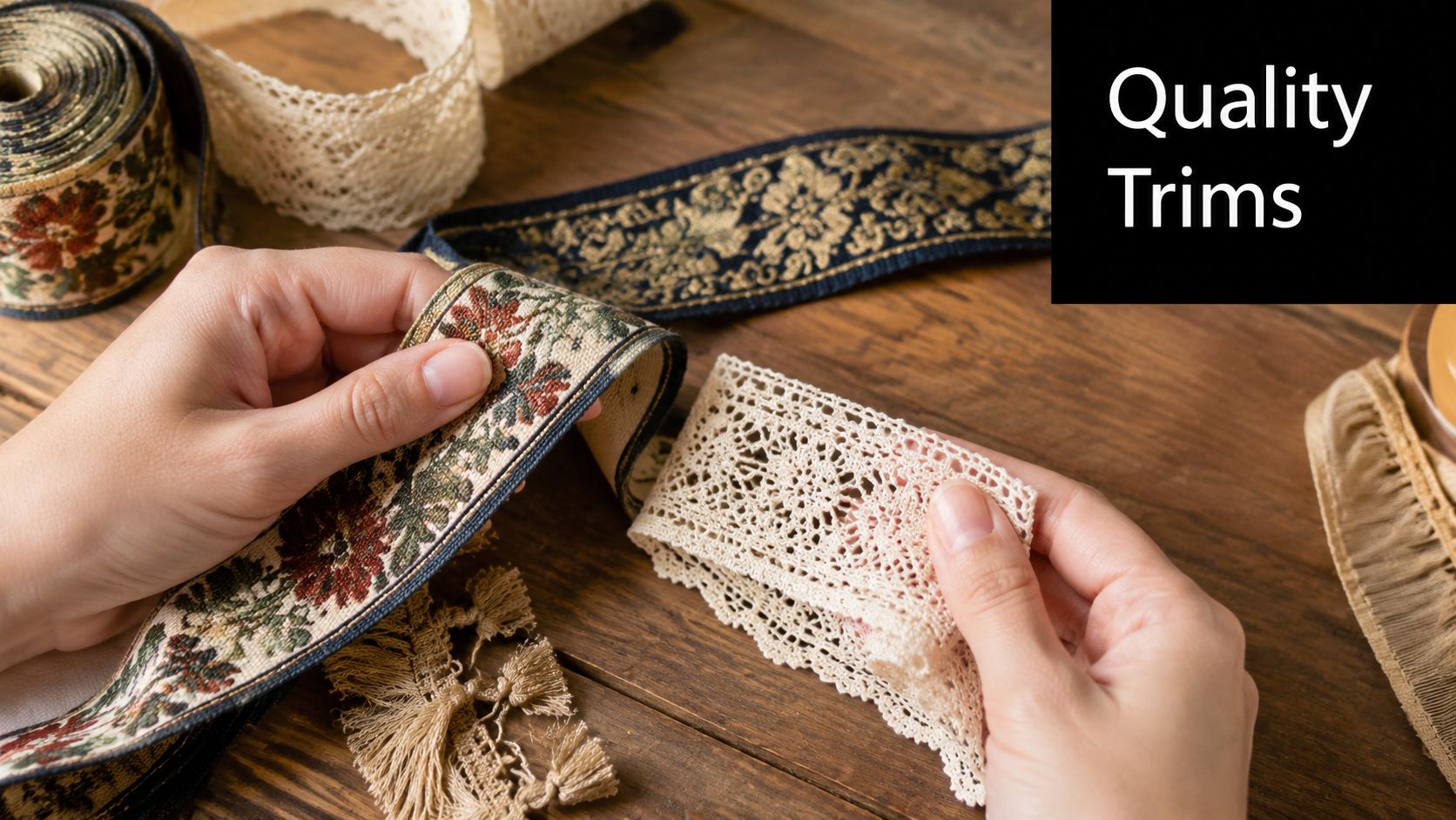 A person's hands holding elegant floral fabric trim and vintage lace on a rustic wooden table.