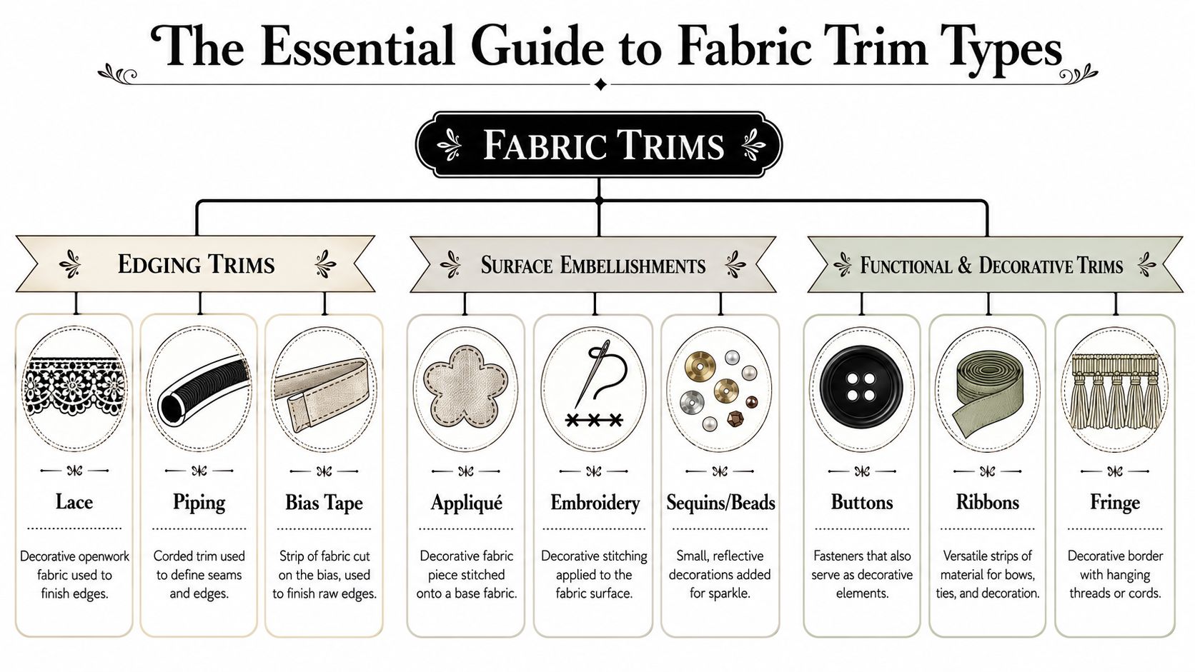A descriptive infographic categorizing various types of fabric trims including edging, surface embellishments, and functional decorative trims.