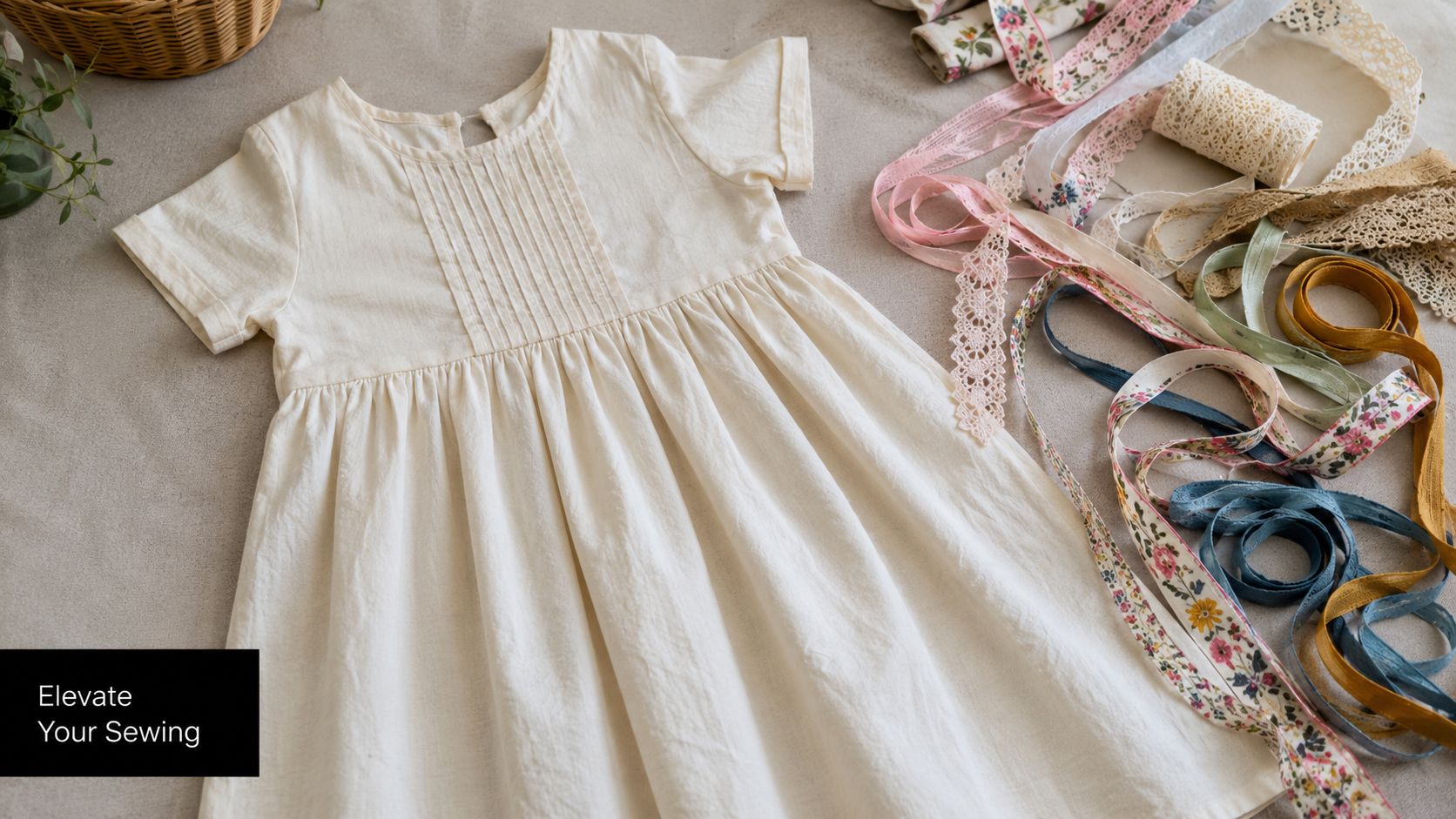 A light beige cotton dress displayed alongside various colorful fabric ribbons, lace trims, and sewing materials.