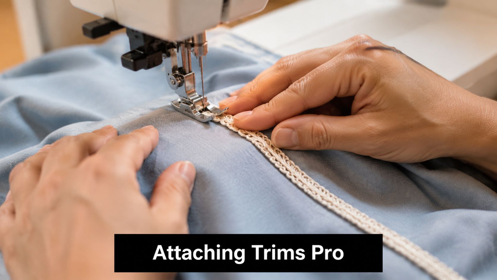 A close-up of hands carefully guiding fabric and delicate lace trim under a sewing machine needle.