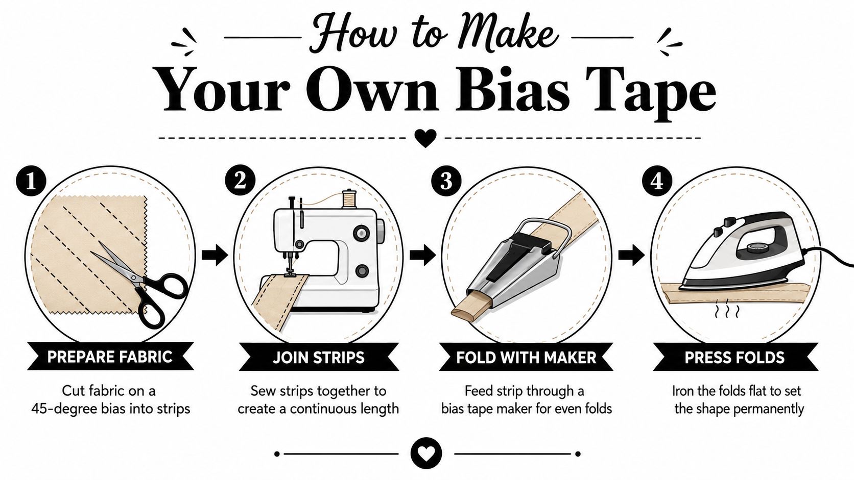 A four-step infographic illustrating how to make bias tape by cutting, sewing, folding, and ironing fabric.