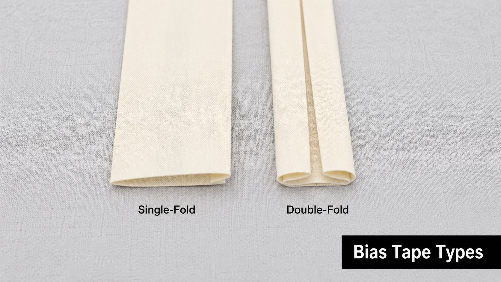 A top-down view comparing single-fold and double-fold bias tape on a light gray fabric surface.