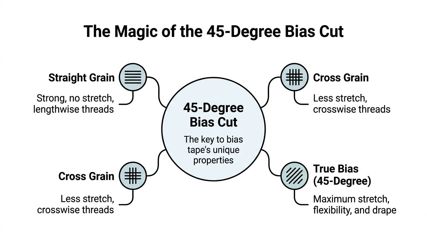 A diagram explaining the different fabric grains and why a 45-degree bias cut offers unique stretch properties.