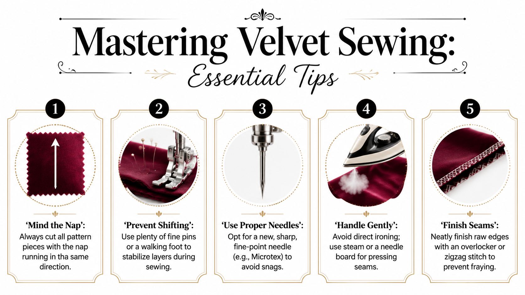 An infographic titled Mastering Velvet Sewing showing five essential tips with illustrations for sewing velvet fabric.