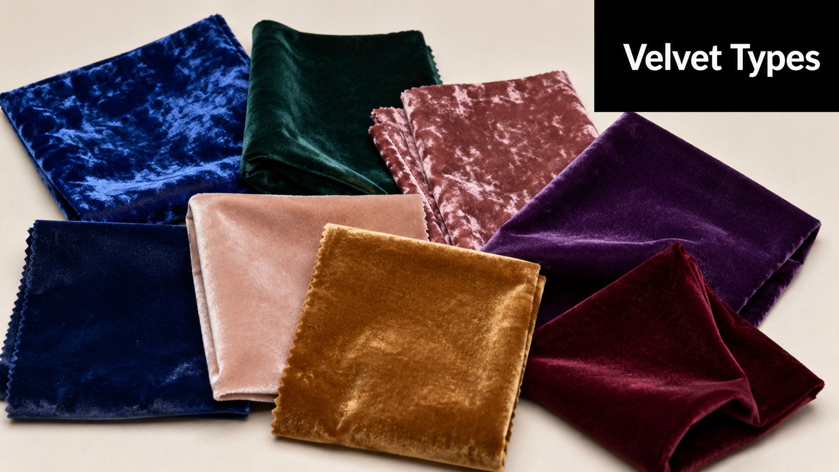 A collection of various velvet fabric swatches in different colors and textures laid out on a surface.